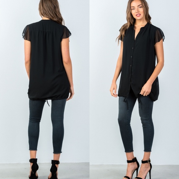 🖤Black Flutter Sleeve Tunic Top with Tie Hem - Picture 3 of 4